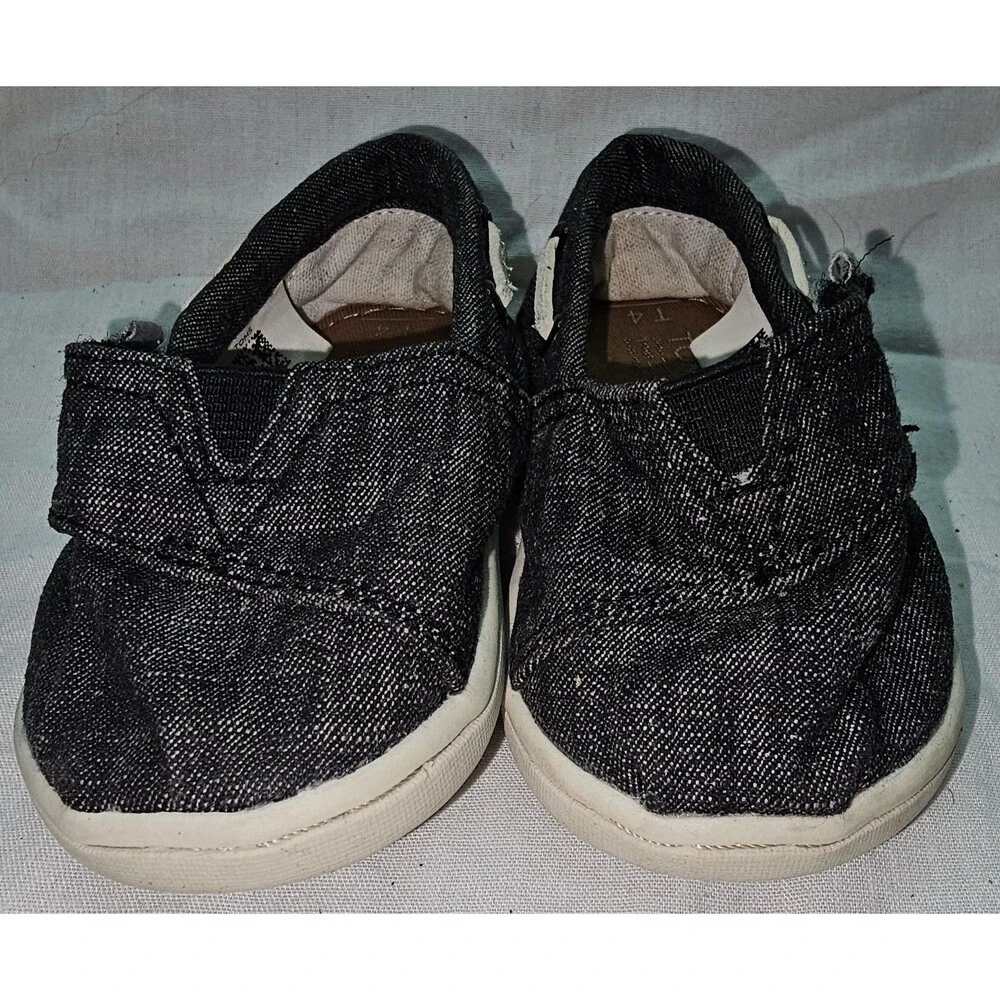 TOMS Kids Slip-On Shoes – Size 4, Black Denim with White Soles